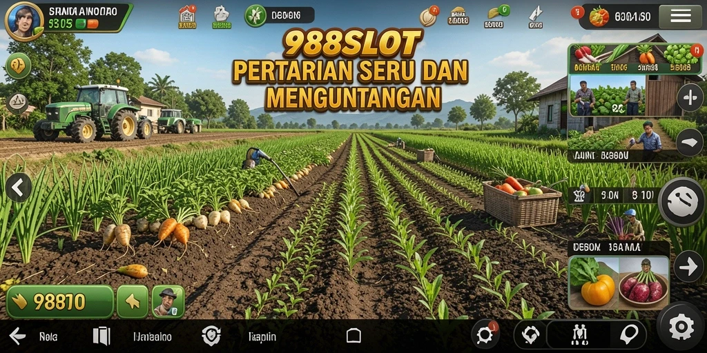 Screenshot gameplay 988SLOT menunjukkan aktivitas bertani yang seru.
