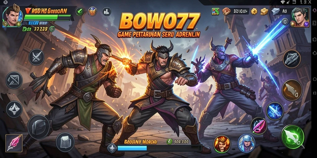 Tampilan gameplay BOWO77 dengan karakter bertarung di arena.